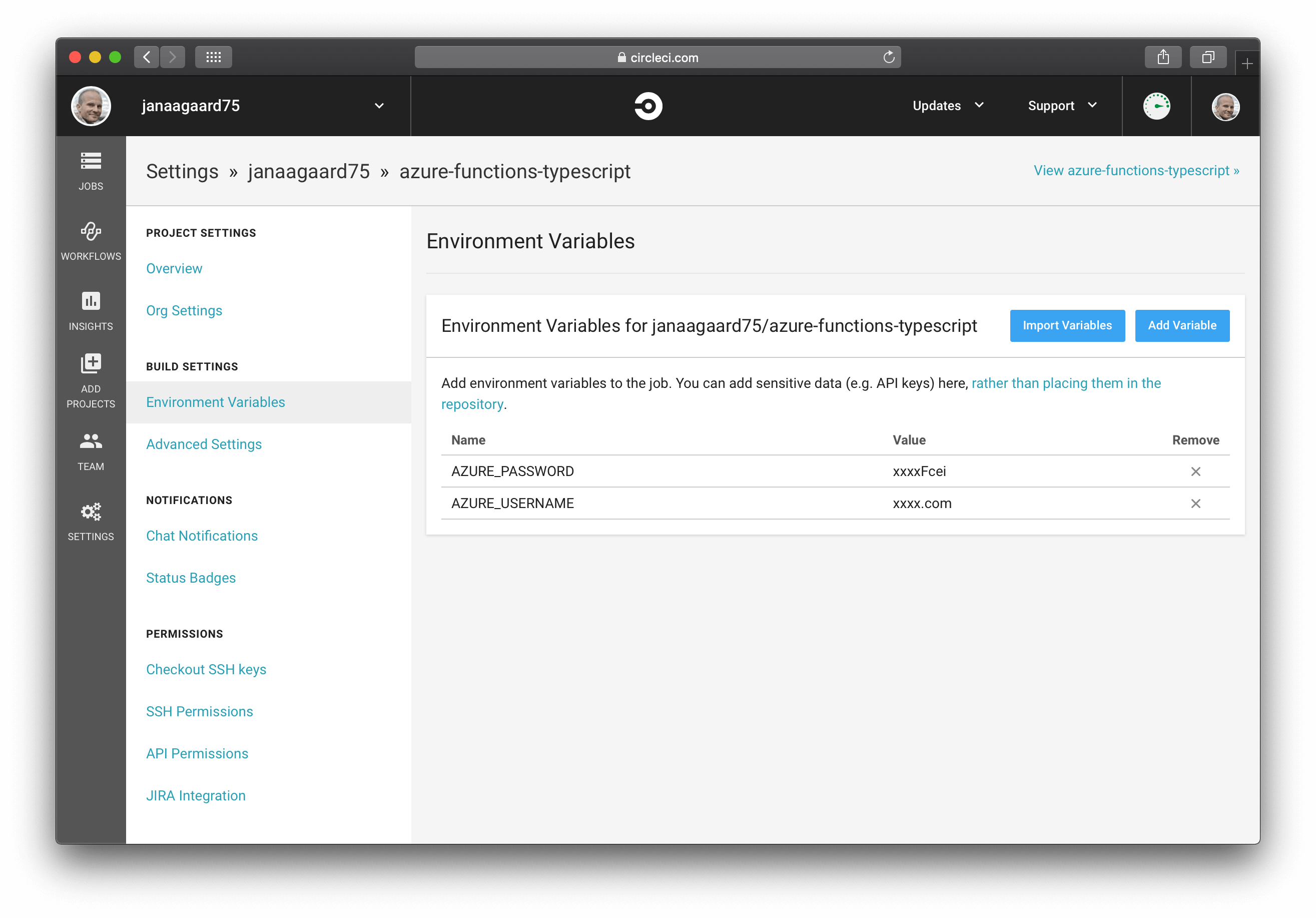 Environment variables defined in CircleCI