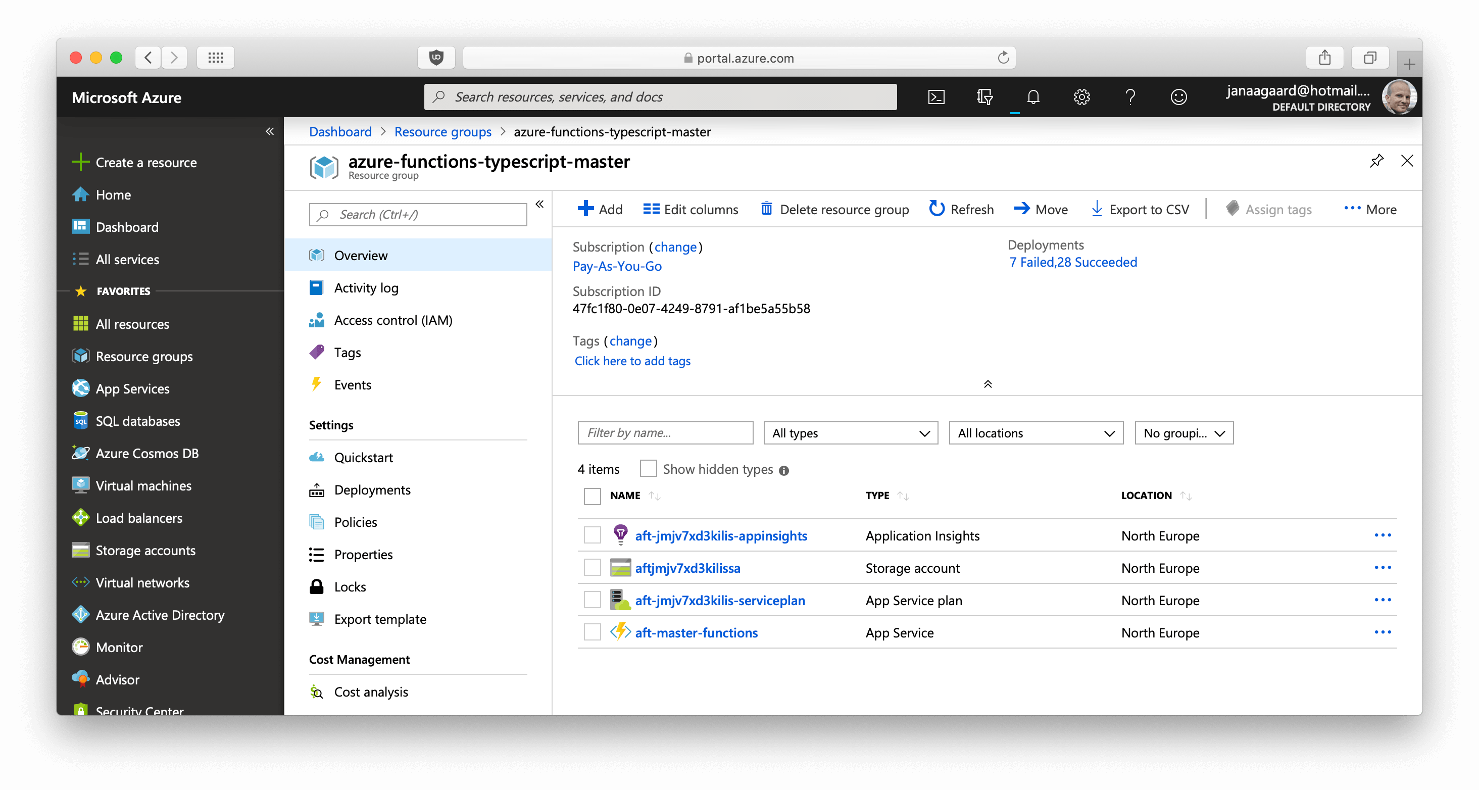 Azure resources as shown on the Azure Portal